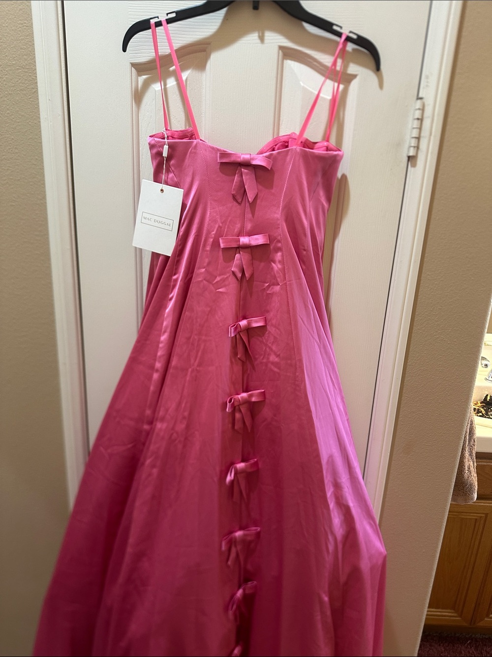 MacDuggal Bright Pink Bow Strapless Gown
